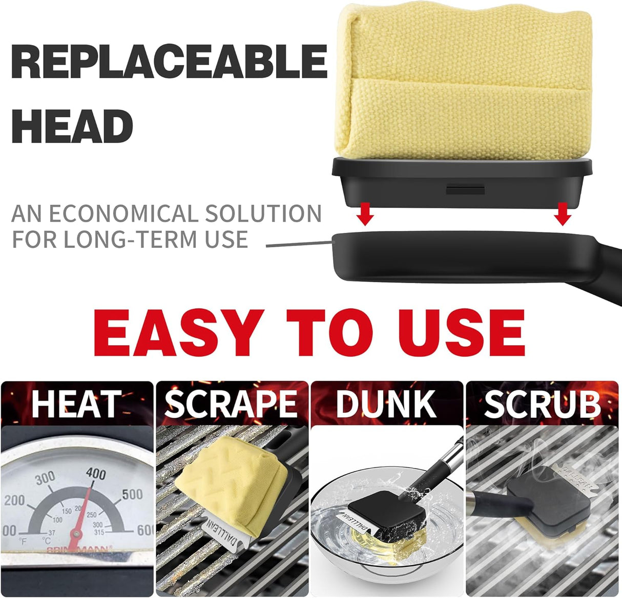 BBQ Grill Brush Bristle Free for Outdoor Grill, Replaceable Head Cleaning Brush, Steam Grate Cleaner, BBQ Cleaning Brush,