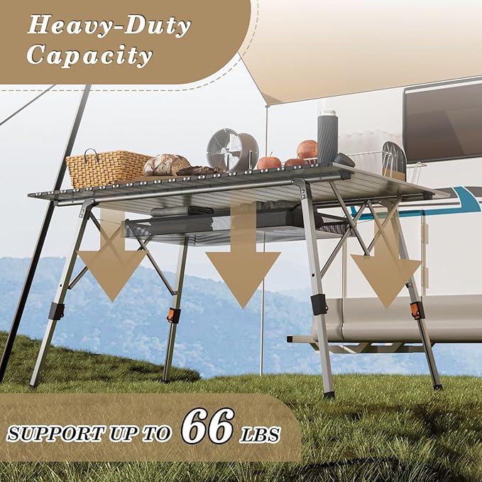 Athena Collection Foldable Camping Table, 47" Aluminum Outdoor Folding Camp Table with Mesh Layer Telescopic Legs and Carry