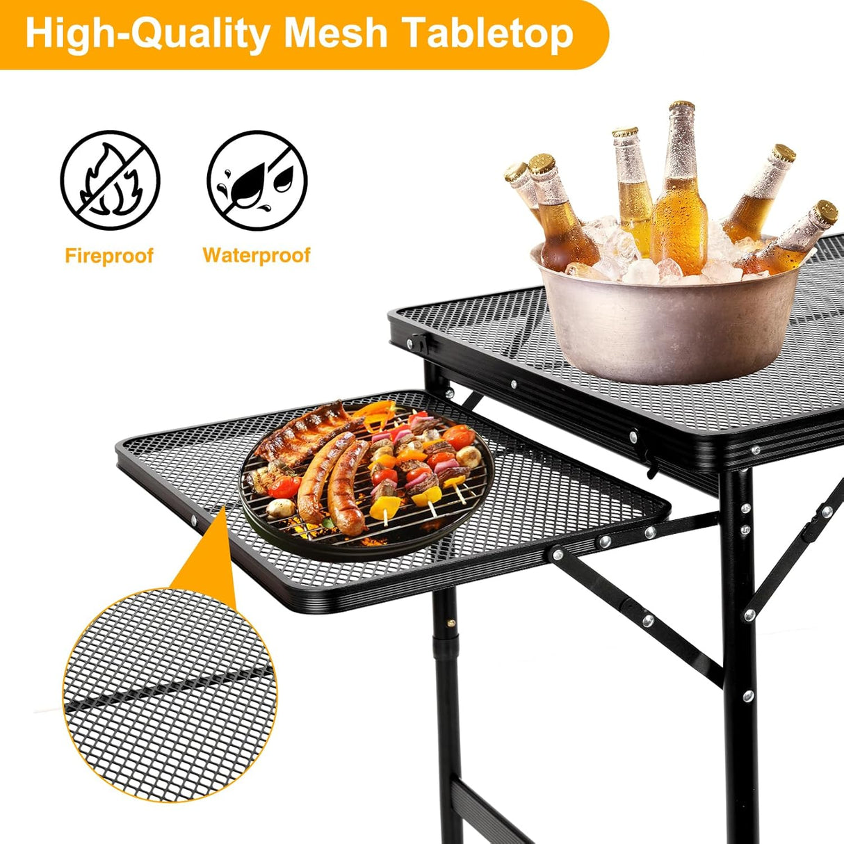 Grill Table Folding Table with 2 Wing Panels 4FT+1.77 FT with Mesh Desktop 3 Height Adjustable Portable Grill for Outdoor