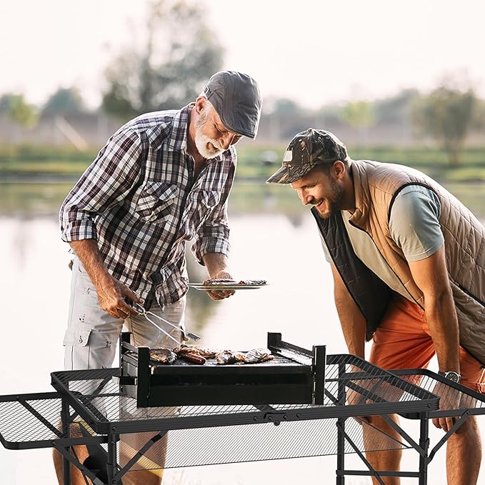 Folding Table with 2 Wing Panels, 3x2 FT Camping Table with Mesh Desktop,Height Adjustable Folding Grill Table with Mesh