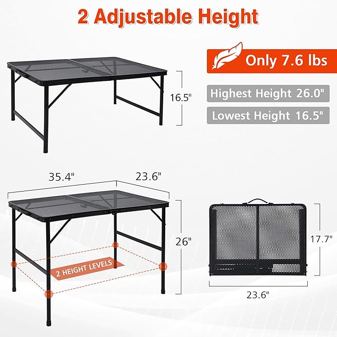 Folding Grill Table, 3x2 FT Portable Camping Table, Height Adjustable Metal Tables with Mesh Desktop and Mesh Bag, Outdoor