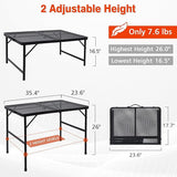 Folding Grill Table, 3x2 FT Portable Camping Table, Height Adjustable Metal Tables with Mesh Desktop and Mesh Bag, Outdoor