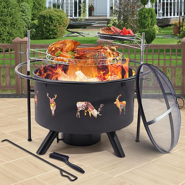 NATURAL EXPRESSIONS 32 Inch Large Fire Pit with 2 Grills, Outdoor Wood Burning Fire Pit with Cooking Grate, Lid, Poker and