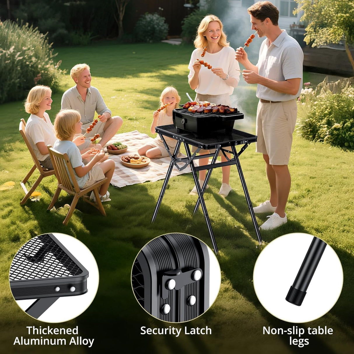 2ft Sturdy Folding Grill Table, Supports 180 Lbs, 2 Adjustable Height 28” Portable Grill Table, Heat-Resistant Tabletop,