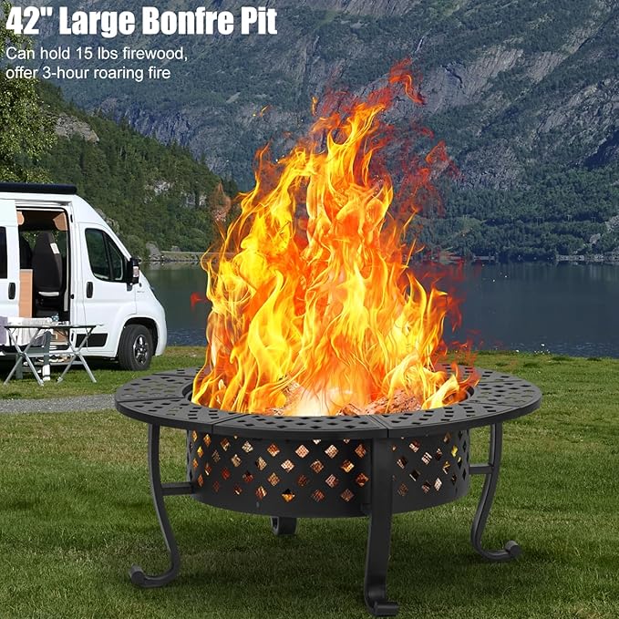 42 Inch Fire Pit with 2 BBQ Grills, Wood Burning Fire Pits for Outside with Lid & Fire Poker, BBQ& Outdoor Firepit & Round