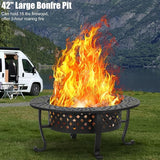 42 Inch Fire Pit with 2 BBQ Grills, Wood Burning Fire Pits for Outside with Lid & Fire Poker, BBQ& Outdoor Firepit & Round