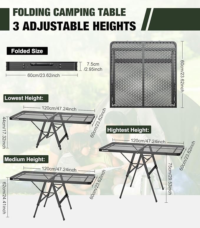 Foldable Grill Table with Mesh Desktop, 200lbs 4Ft Portable Folding Table, Height Adjustable Metal Table for Ourdoor,