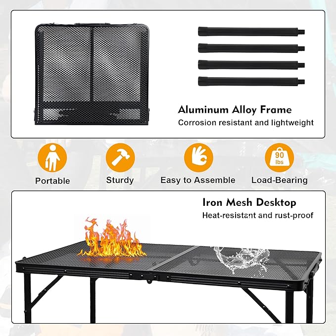 Camping Table with Mesh Desktop, Lightweight & Portable Folding Grill Table, Height Adjustable Metal Outdoor Table for Camp,