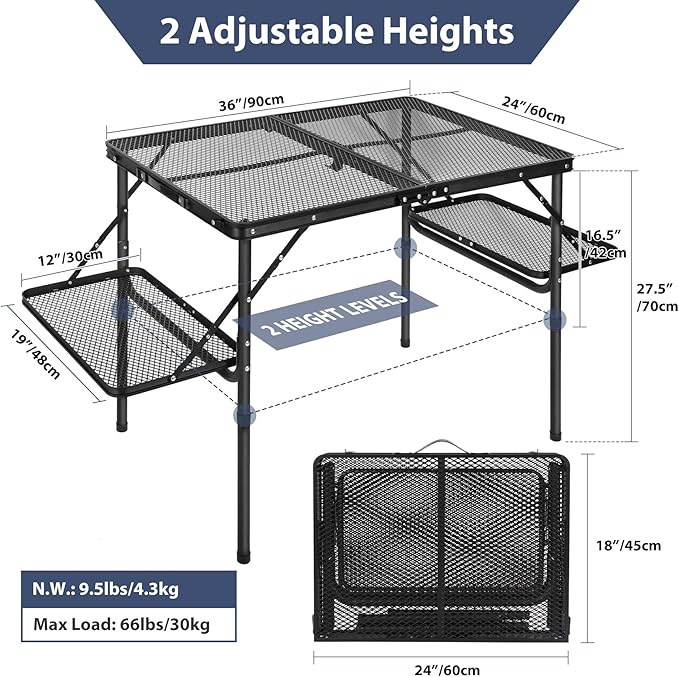 REDCAMP 36x24 Folding Grill Table for Outside with 2 Side Tables, Lightweight Portable Metal Aluminum Outdoor Grill Table