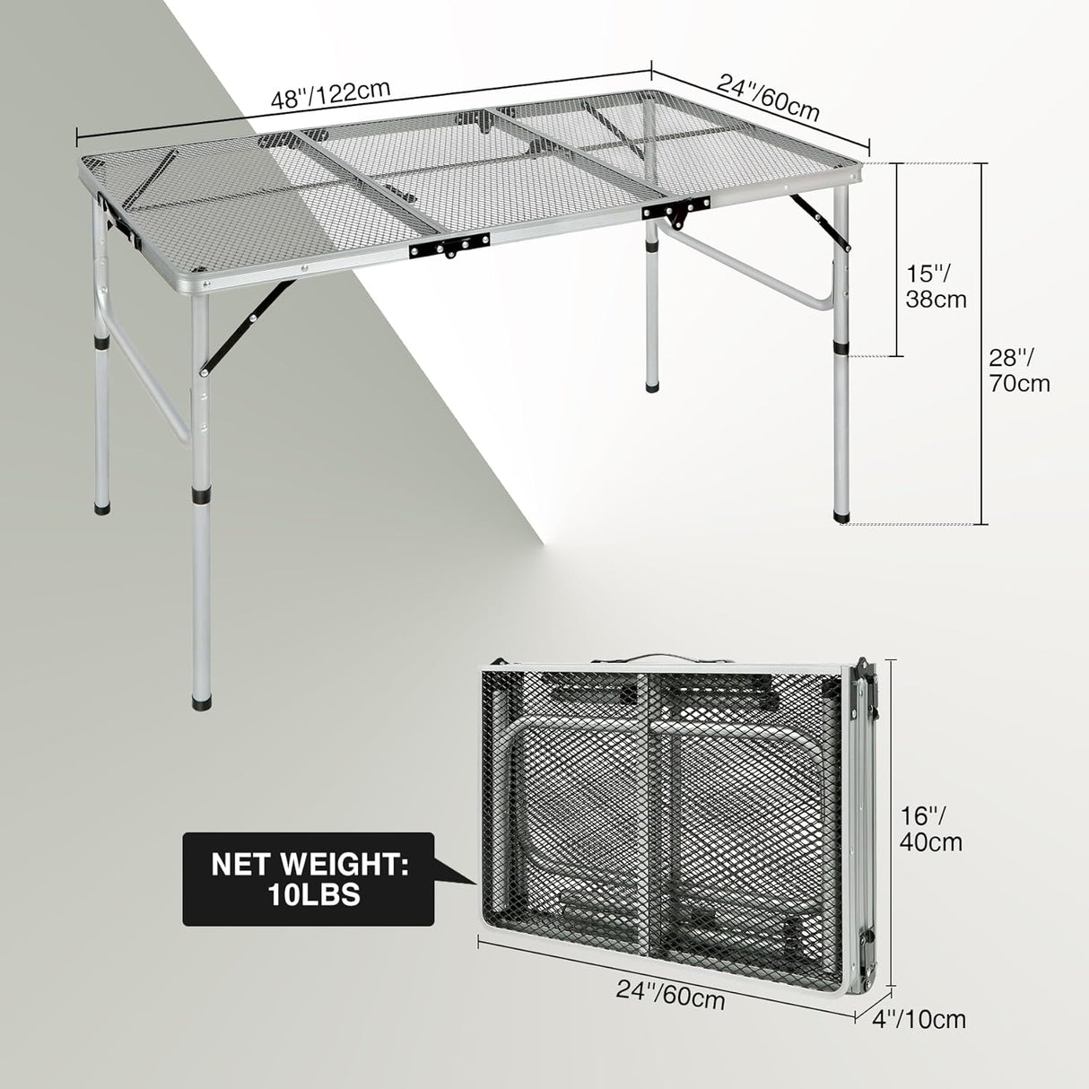 REDCAMP 48x24 Long Folding Grill Table for Outside, Lightweight Portable Metal Aluminum Outdoor Grill Table with Adjustable