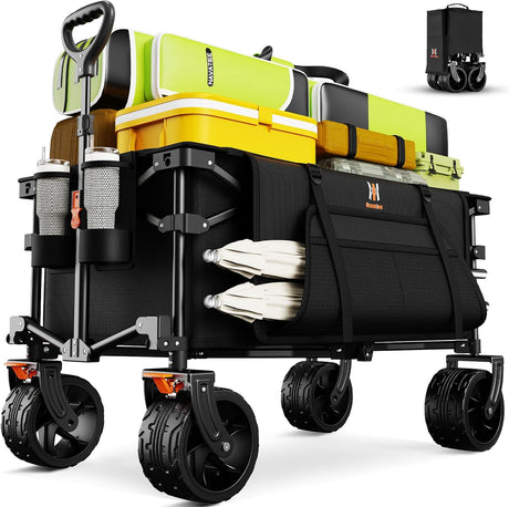 Navatiee Big Wheels Collapsible Wagon Cart Foldable, Heavy Duty Beach Wagon with Silent All-Terrain Wheels, Folding Utility