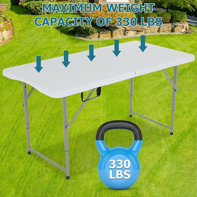 4FT Folding Table, Height Adjustable Table, Heavy Duty Plastic Tables Portable Fold-in-Half Utility Table w/Handle & Lock
