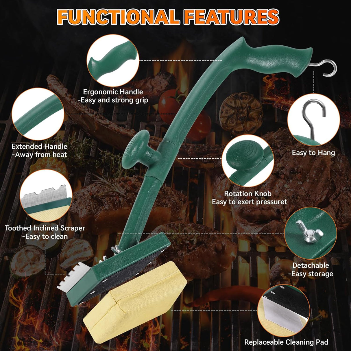 Grill Brush Bristle Free with Scraper,22" Extra Long Steam Grill Brush for Outdoor Grill,Replaceable Cleaning Head,Safe