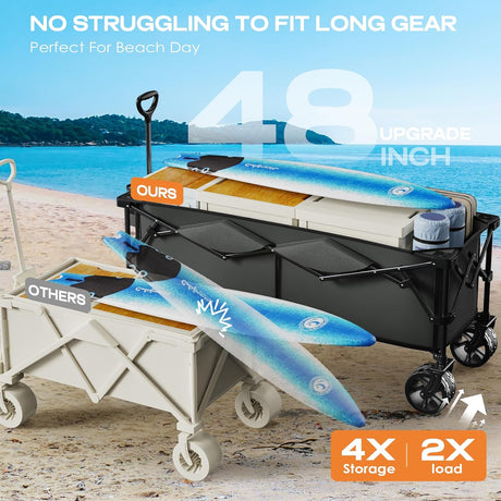 300L Extra Large Collapsible Foldable Wagon, 440lbs Load Capacity 48''L Extended Heavy Duty Folding Beach Wagon with Big