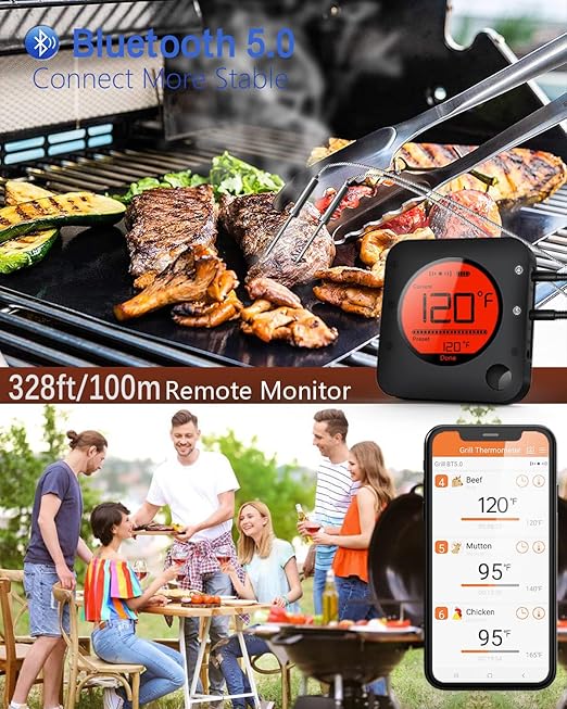 BFOUR Meat Thermometer Wireless Bluetooth, LCD Digital Meat Thermometer with Dual Probe, Wireless Remote BBQ Thermometer for
