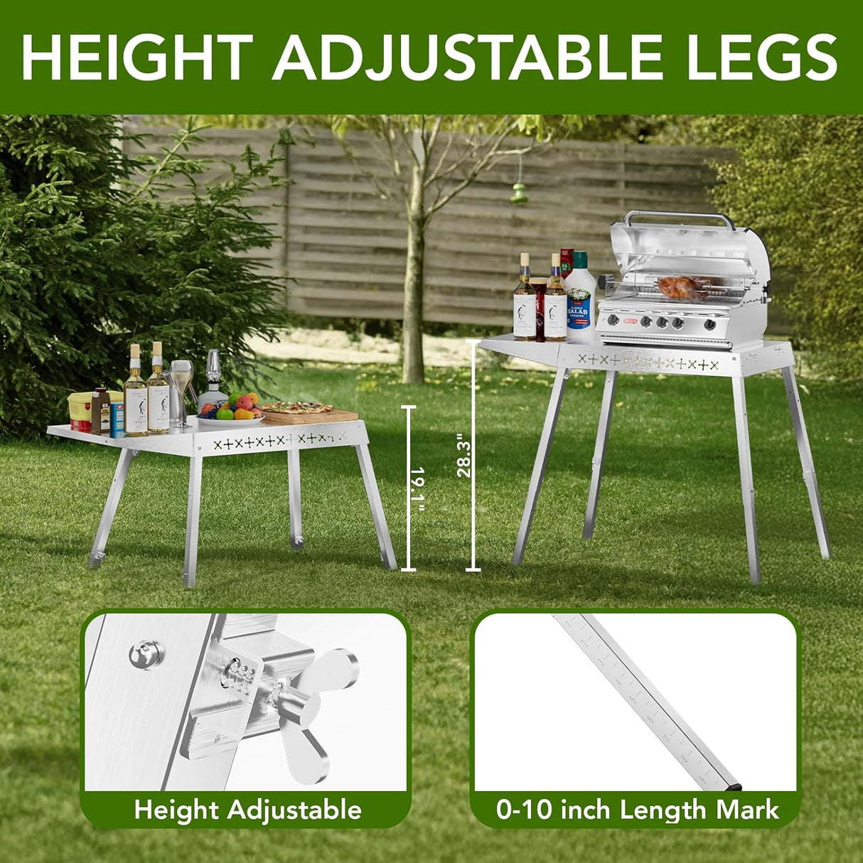 Food Grade 304 Stainless Steel BBQ Grill Table fits Tabletop Griddle, Outdoor Grill Table with 4 Foldable Legs, Portable
