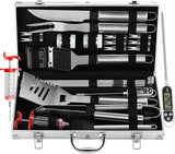 Grilljoy 24PCS BBQ Grill Tools Set with Meat Thermometer and Injector - Extra Thick Stainless Steel Fork, Spatula& Tongs -