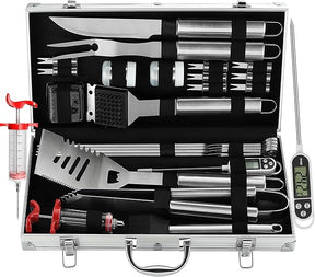 Grilljoy 24PCS BBQ Grill Tools Set with Meat Thermometer and Injector - Extra Thick Stainless Steel Fork, Spatula& Tongs -