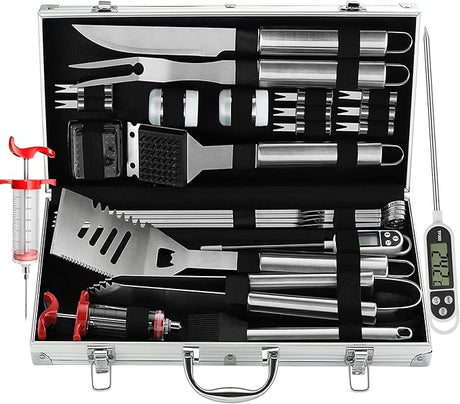 Grilljoy 24PCS BBQ Grill Tools Set with Meat Thermometer and Injector - Extra Thick Stainless Steel Fork, Spatula& Tongs -