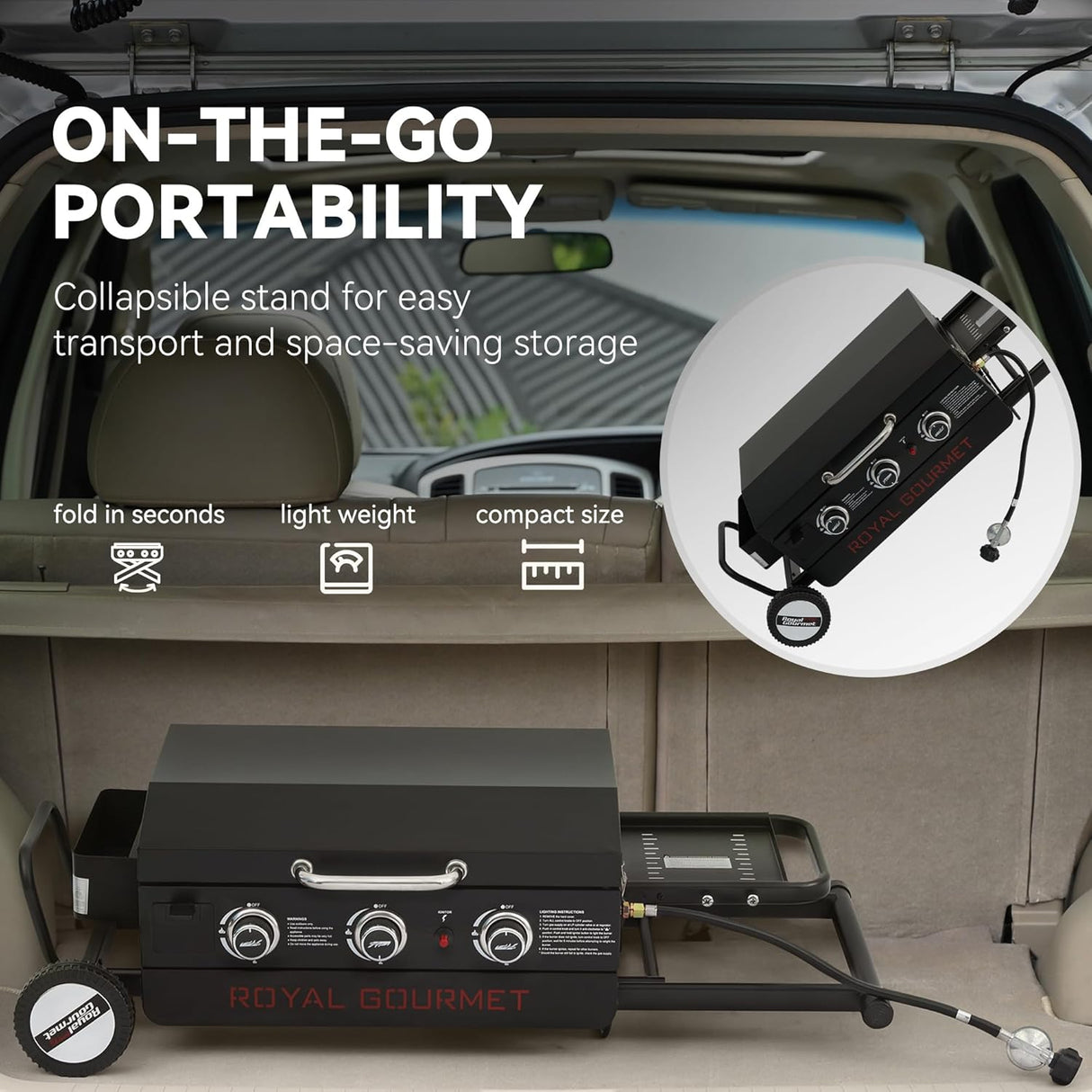 Royal Gourmet PD3001 3-Burner Propane Gas Griddle with Collapsible Stand, 23-Inch Portable Griddle with Side Table & 314 Sq.