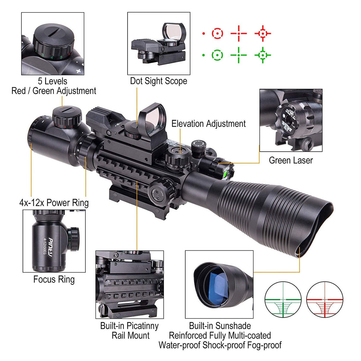 Pinty Nova 3-in-1 4-12x50 SFP Rifle Scope Combo, Green Laser, alternate view 4