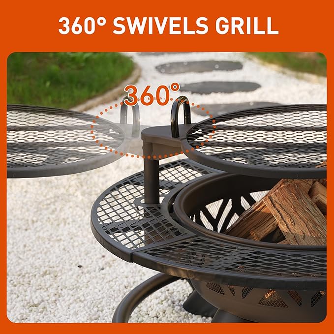 Red Mountain Valley 47" Outdoor Fire Pit with Adjustable Grill, 2-in-1 Metal Outdoor Fireplaces, Large Patio Wood Burning