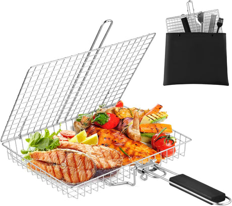 Pleafind Grill Basket Set - 8 PCS, Portable BBQ Grilling Basket with Removable Handle, Stainless Steel Grill Baskets for