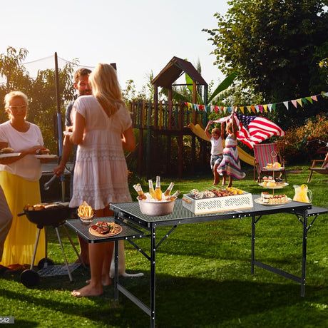 Grill Table Folding Table with 2 Wing Panels 4FT+1.77 FT with Mesh Desktop 3 Height Adjustable Portable Grill for Outdoor
