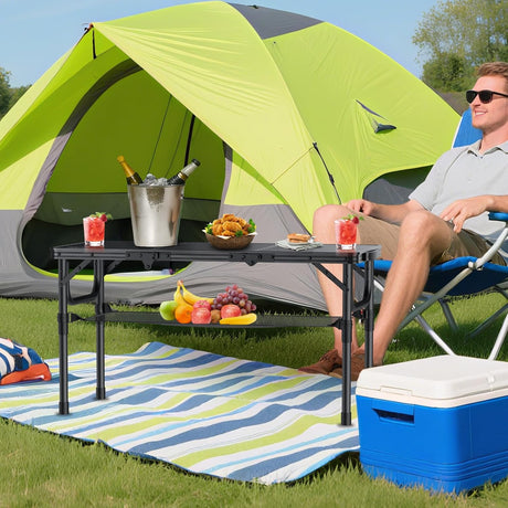 Folding Camping Table with Storage Net, 3ft Camping Table Aluminum Folding Table with 3 Adjustable Height Max 27.5 Inch