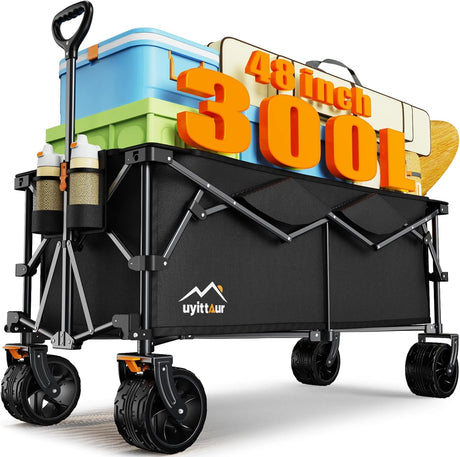 300L Extra Large Collapsible Foldable Wagon, 440lbs Load Capacity 48''L Extended Heavy Duty Folding Beach Wagon with Big