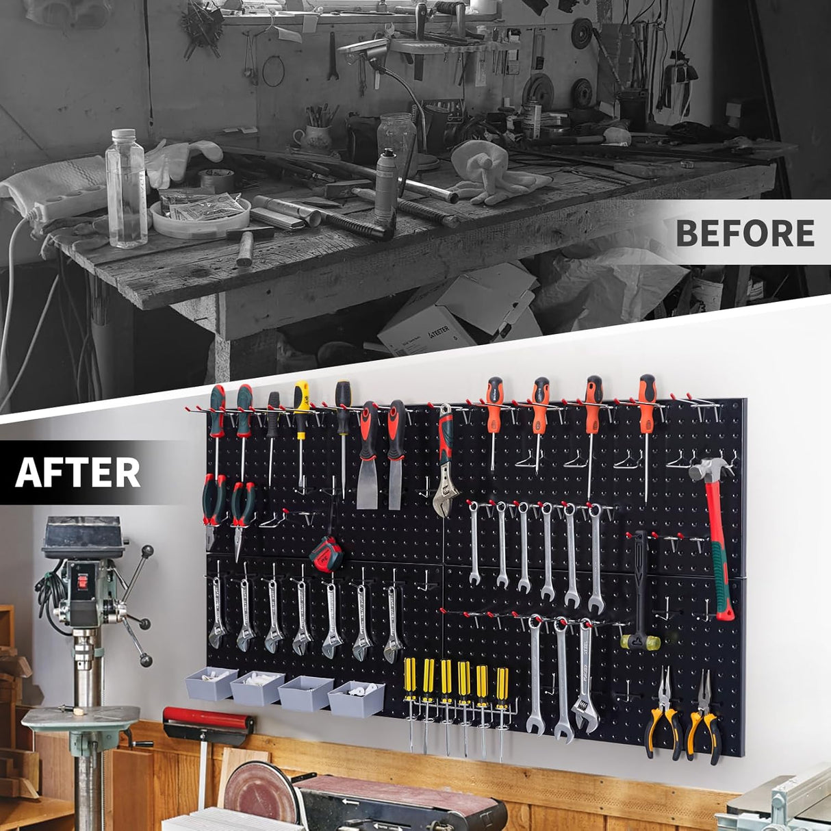 48x24 inch Black Metal Pegboard Kit for Wall Organization with Hooks, Garage Storage Bins, and Utility Tool Board, Efficient