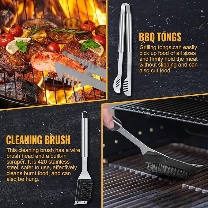BBQ Grill Tools Set 16-inch Heavy Duty, 3 Pcs - Barbecue Utensils Kit for Camping, Kitchen, Outdoor Cooking,Suitable as a