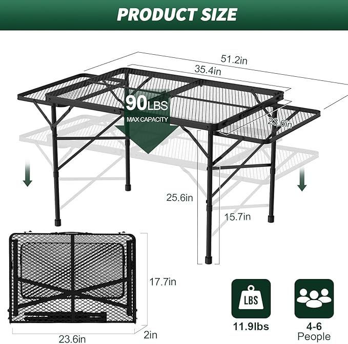 Folding Table with 2 Wing Panels, 3x2 FT Camping Table with Mesh Desktop,Height Adjustable Folding Grill Table with Mesh