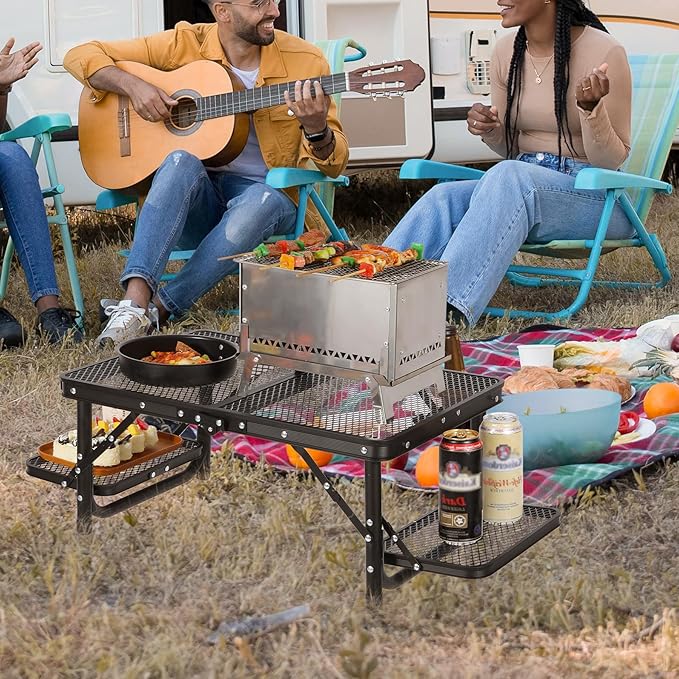 REDCAMP 35x16 Folding Grill Table for Outside with 2 Side Tables, 4 Adjustable Heights Portable Small Stand Table for
