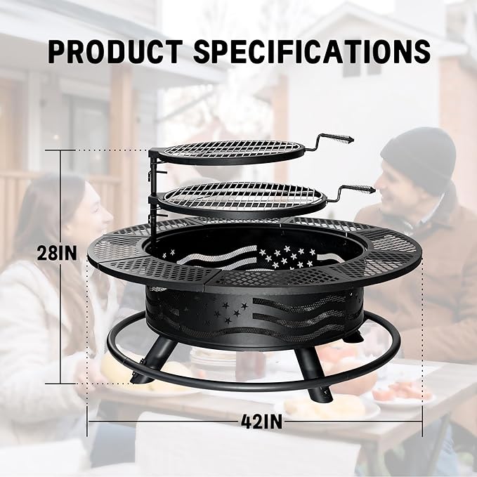 42 Inch Fire Pit with 2 Cooking Grates, Outdoor Wood Burning BBQ Grill Firepit Bowl with Cover Lid, Steel Round Table for