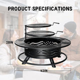 42 Inch Fire Pit with 2 Cooking Grates, Outdoor Wood Burning BBQ Grill Firepit Bowl with Cover Lid, Steel Round Table for