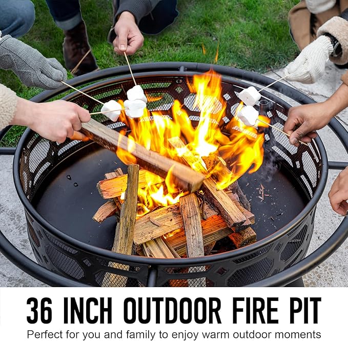 36 Inch Fire Pit, Outdoor Wood Burning Firepit with Removable Grill & Poker, Heavy Duty Metal Round Fireplace,2 in 1 Large