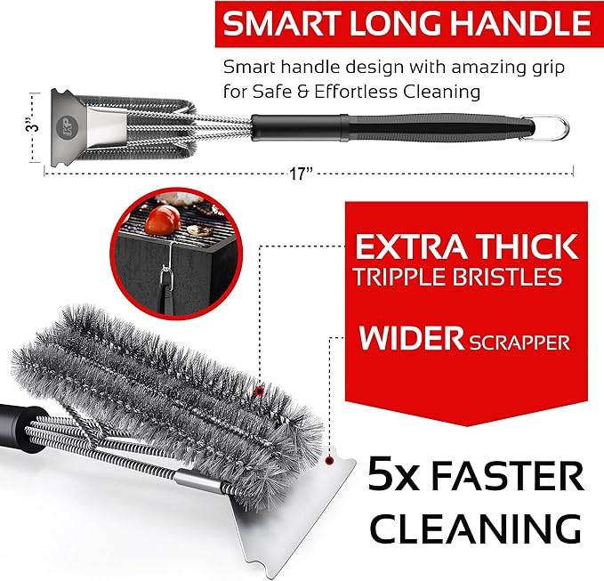 KITCHEN PERFECTION Safe Wire Grill Brush for Outdoor Grill w/Grill Scraper & Grill Mat Grill Cleaning Kit -Extended Handle