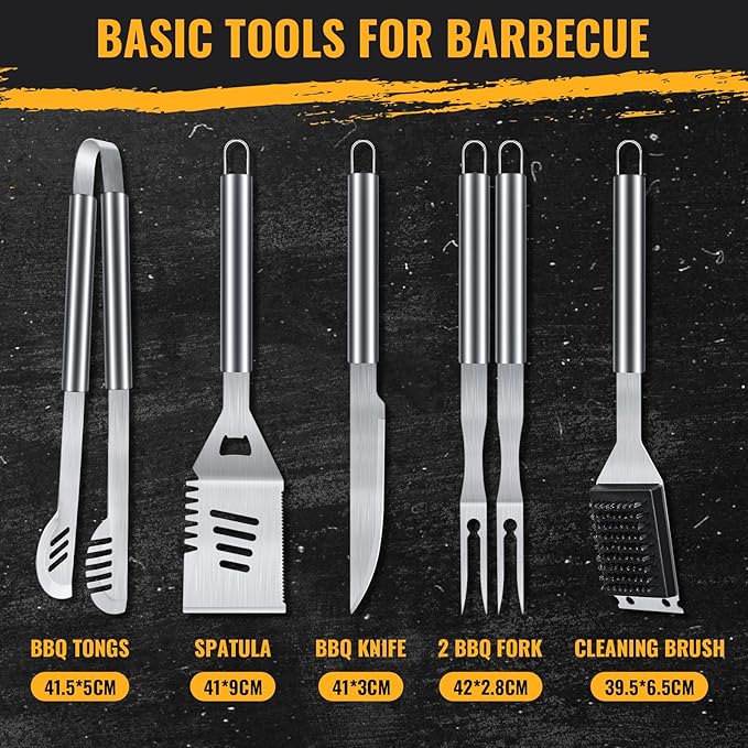 BBQ Grill Tools Set 16-inch Heavy Duty, 6 Pcs- Barbecue Utensils Kit for Camping, Kitchen, Outdoor Cooking,Suitable as a