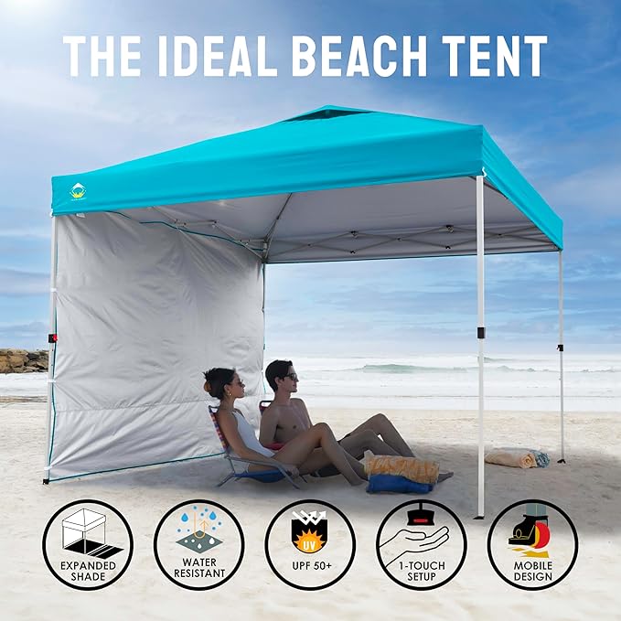 CROWN SHADES 10x10 Pop Up Canopy with 1 Side Wall - Beach Tent with One Push Setup - Outdoor Sun Shade for Events, Parties,