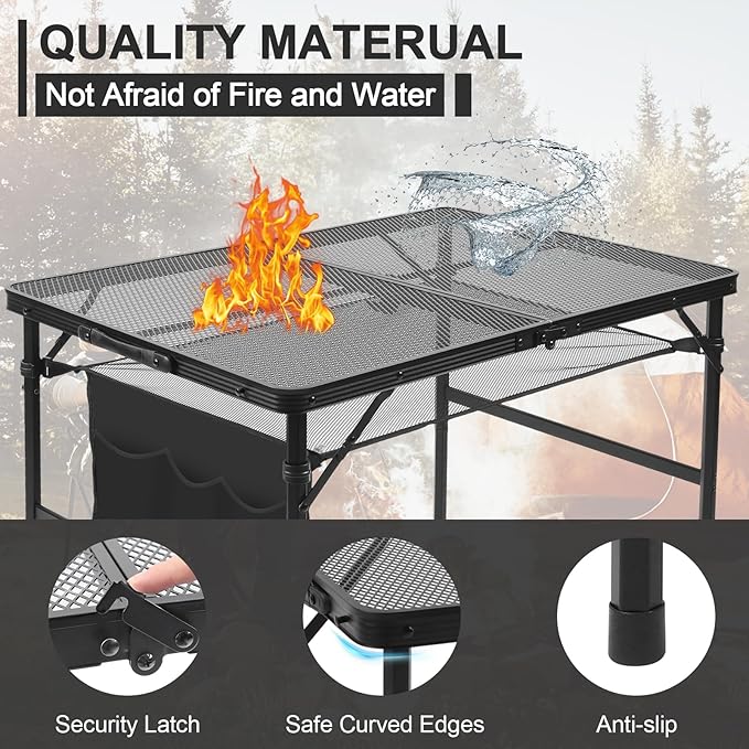 Folding Grill 3x2 FT Portable Camping Table, Lightweight Height Adjustable Metal Picnic Outdoor Table with Mesh Desktop and