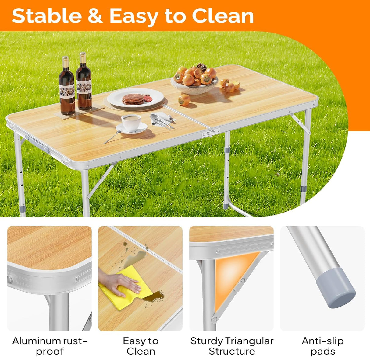 VINGLI 4FT White Folding Table with Carrying Handle Height Adjustable Lightweight Fold Up Portable for Indoor Outdoor