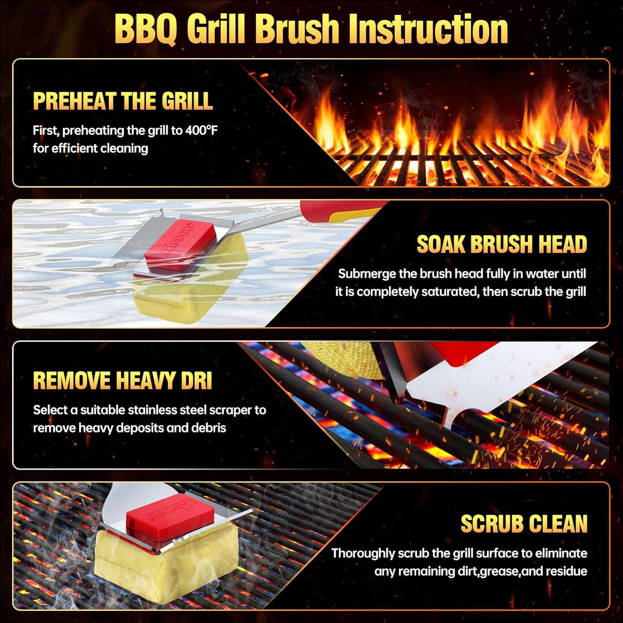 Grill Brush Bristle Free for Outdoor Grill, Steam Grill Cleaning Brush Replaceable BBQ Cleaner Brush Head,Extended Handle,