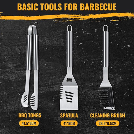 BBQ Grill Tools Set 16-inch Heavy Duty, 3 Pcs - Barbecue Utensils Kit for Camping, Kitchen, Outdoor Cooking,Suitable as a