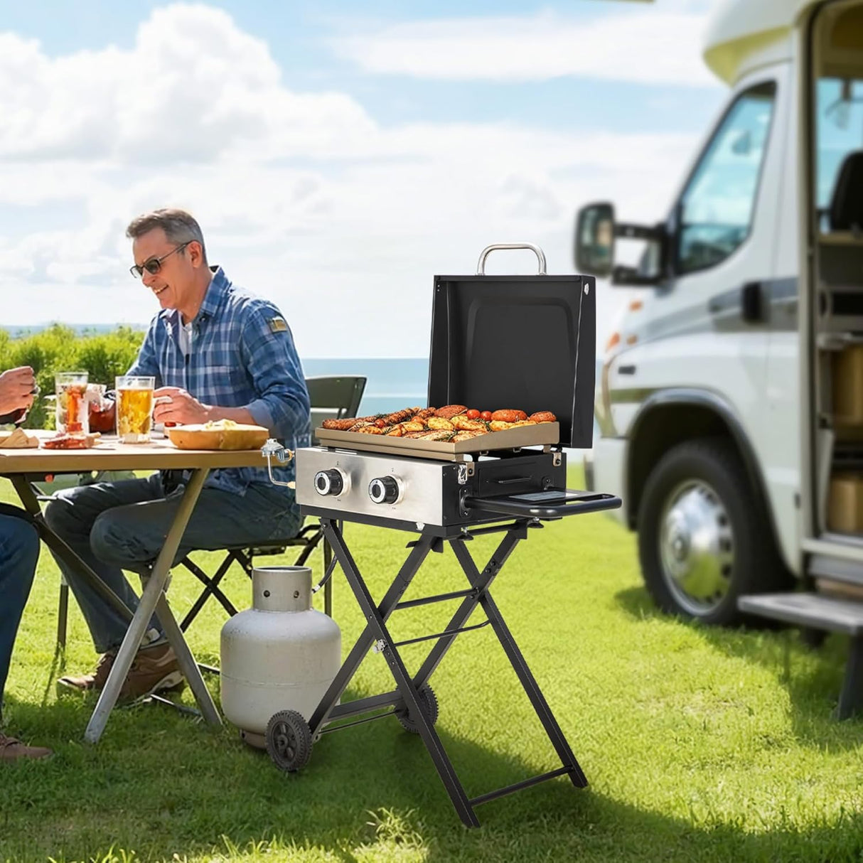 GREEN PARTY 2 Burner BBQ Propane Gas Griddle with Collapsible Stand, 18 Inch Portable Griddle with Side Table & 253 Sq. In.