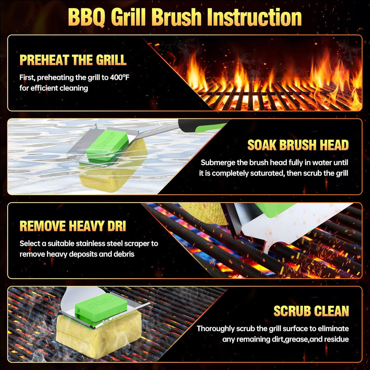 Grill Brush Bristle Free for Outdoor Grill, Steam Grill Cleaning Brush Replaceable BBQ Cleaner Brush Head,Extended Handle,