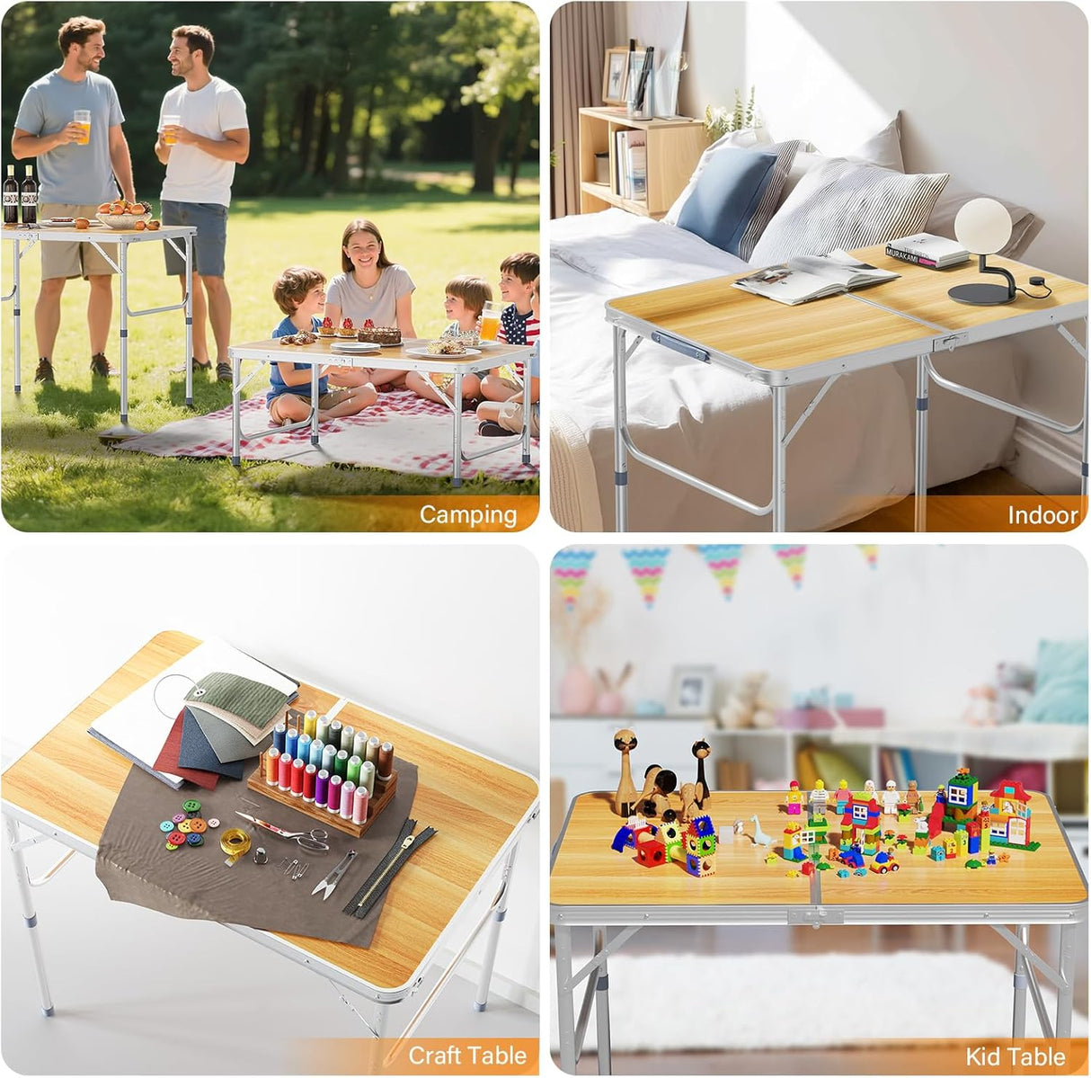 VINGLI 3FT Small Camping Table Adjustable Height Aluminum Folding Table for Picnic Party BBQ, Plastic RV Suitcase Table