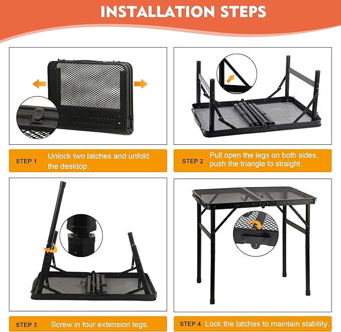 Camping Table with Mesh Desktop, Lightweight & Portable Folding Grill Table, Height Adjustable Metal Outdoor Table for Camp,