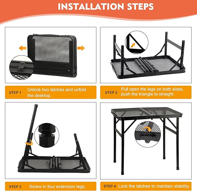 Camping Table with Mesh Desktop, Lightweight & Portable Small Folding Grill Table, Height Adjustable Metal Outdoor Table for