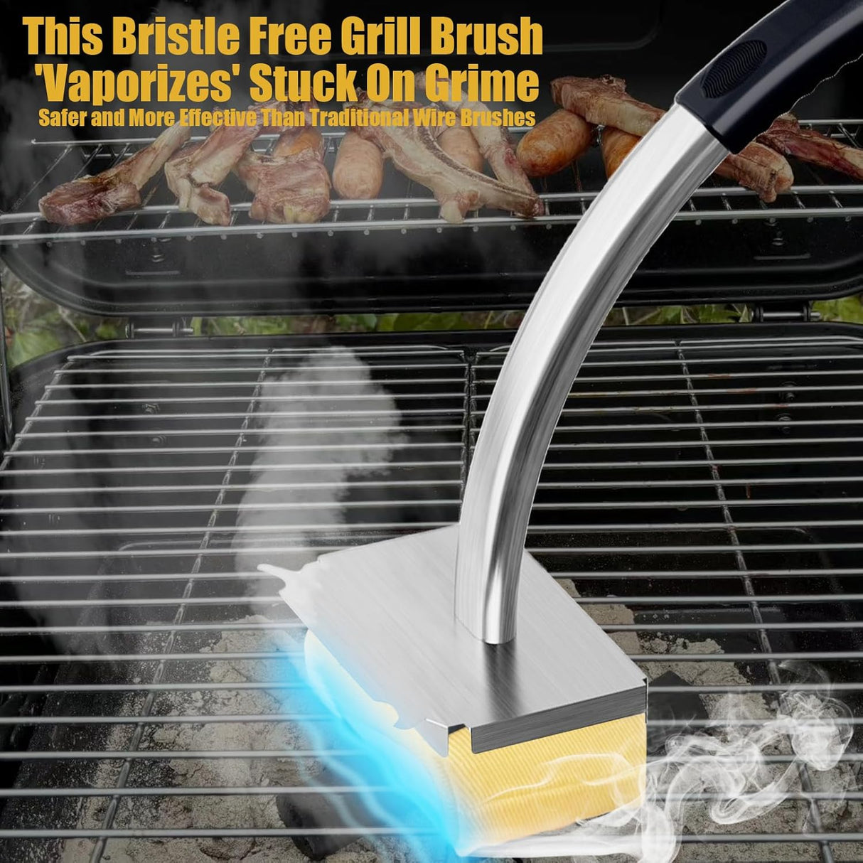 Grill Brush Bristle Free,Long Handle Steam Grill Brush for Outdoor Grill,BBQ Safe Grill Cleaner Brush,Includes 2 Replaceable